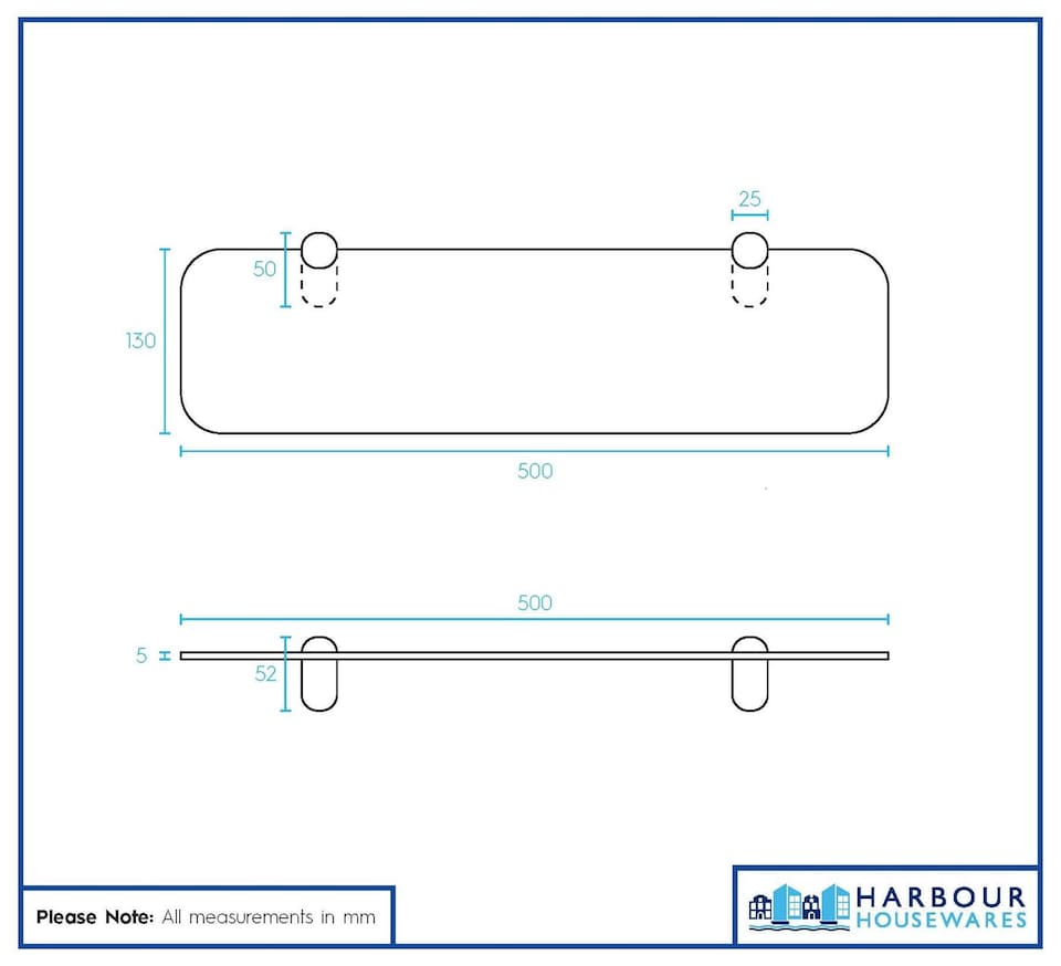 image 1 of Harbour Housewares Rounded Floating Glass Shelf - 50cm - Metallic Brackets - Bathroom Shower Storage Vanity Display Unit Shelf | Silver | Chrome | 6