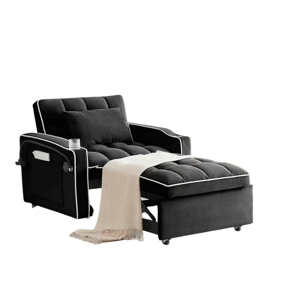 image 1 of 3-in-1 Convertible Black Sofa Bed Sleeper Chair with Adjustable Backrest, USB Charging & Cup Holder for Small Spaces Black