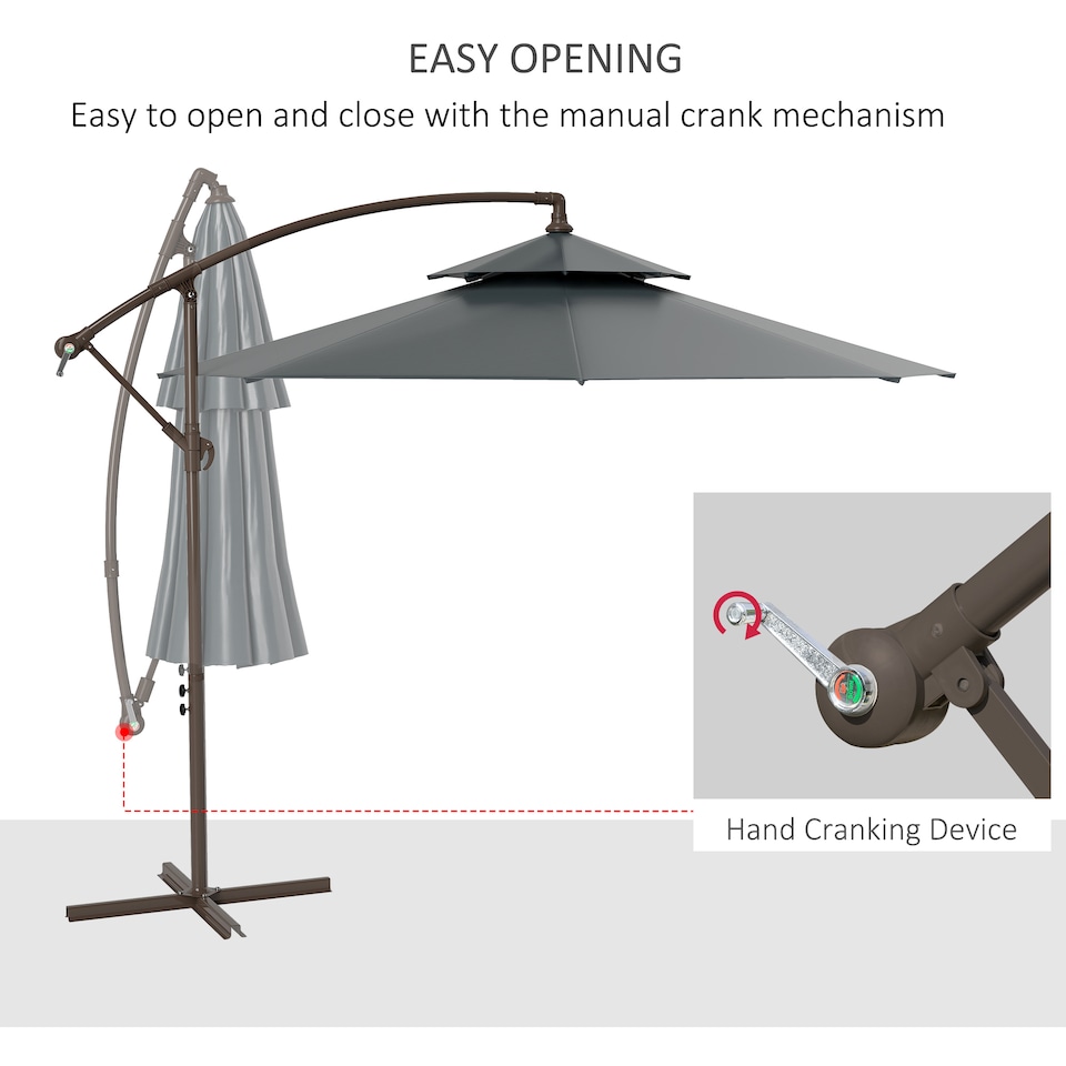image 1 of Outsunny 2.7m Garden Banana Parasol Cantilever Umbrella with Crank Handle, Double Tier Canopy and Cross Base for Outdoor, Hanging Sun Shade, Dark Grey