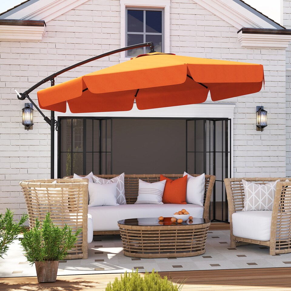 image 1 of Outsunny 2.7m Garden Banana Parasol Cantilever Umbrella with Crank Handle and Cross Base for Outdoor, Hanging Sun Shade, Orange | Orange | Orange