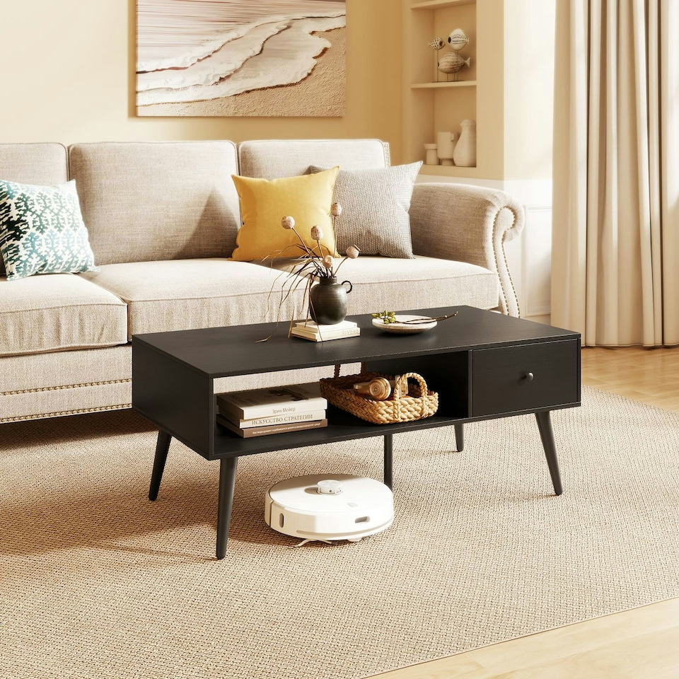 image 1 of COSTWAY 109 CM Coffee Table with Drawer and Storage Shelf Black Black
