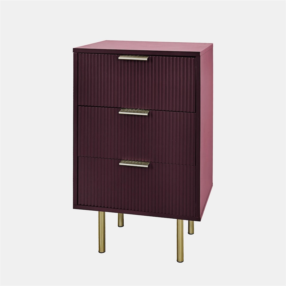 image 1 of OHS Ribbed Bedside Table Modern Bedroom 3 Draw Office Nightstand | Red | Dark Berry