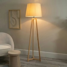 ValueLights Lottie Natural Wood Tripod Floor Lamp with Beige Fabric Tapered Shade