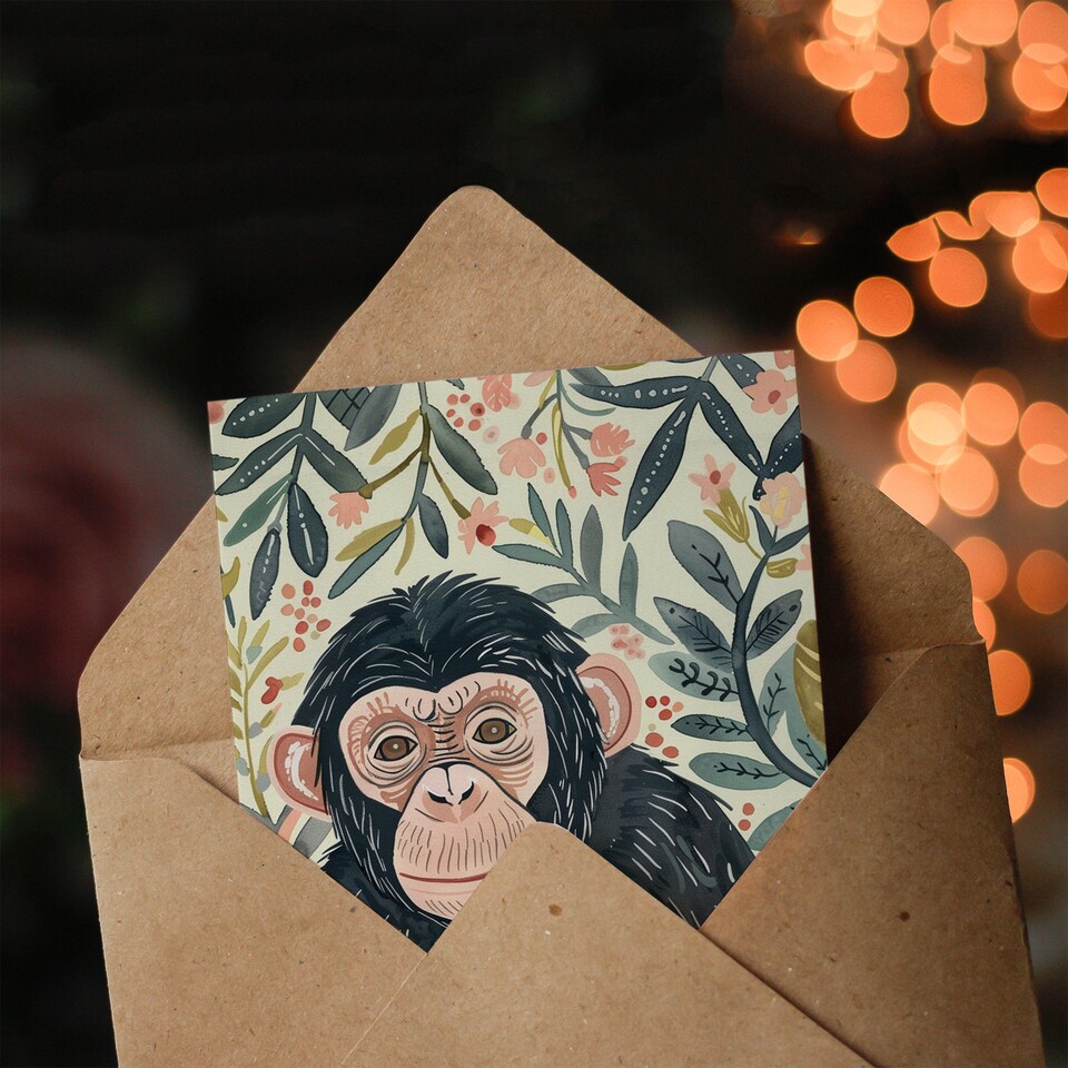 image 1 of Chimpanzee Ape Monkey With Pink Flowers Watercolour Birthday Card