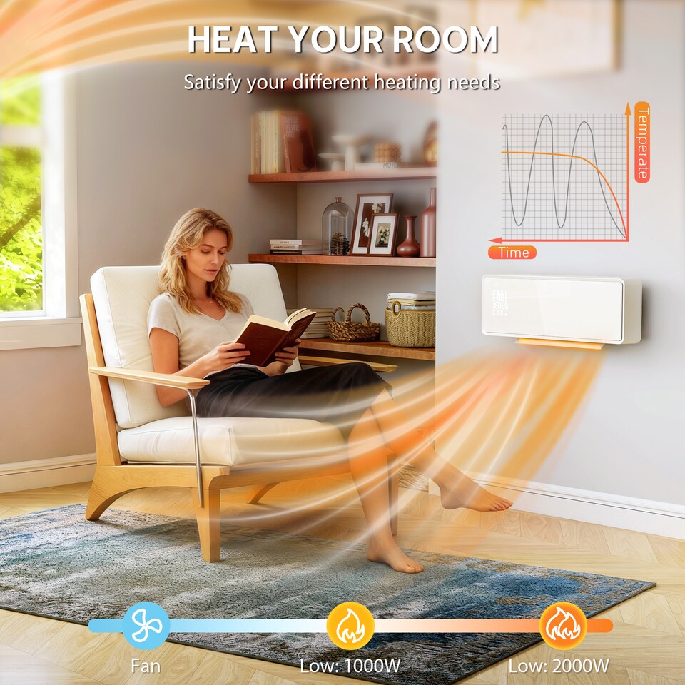 image 1 of HOMCOM 2000W Ceramic Electric Heater with Fan, Wall Mounted, White | White