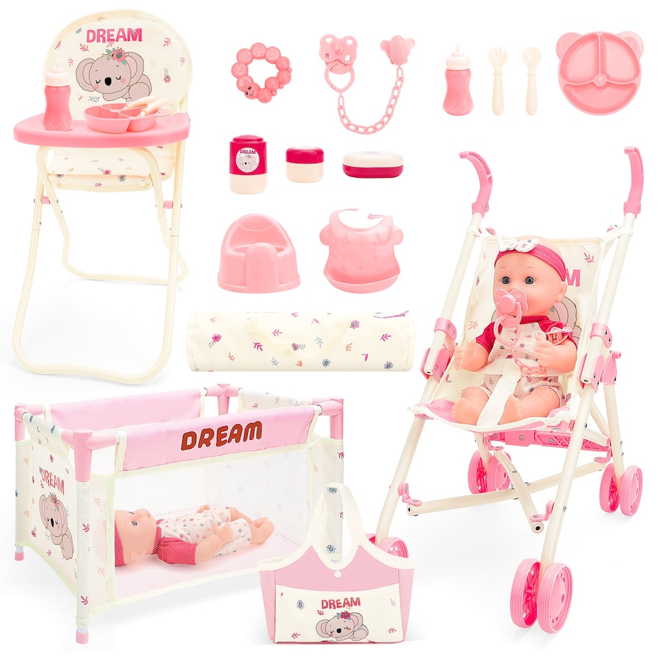 image 1 of Complete Baby Doll Accessories Nursery Set Pretend Role Play Cot Set for Kids Doll Crib High Chair Prentend PlayBrand
