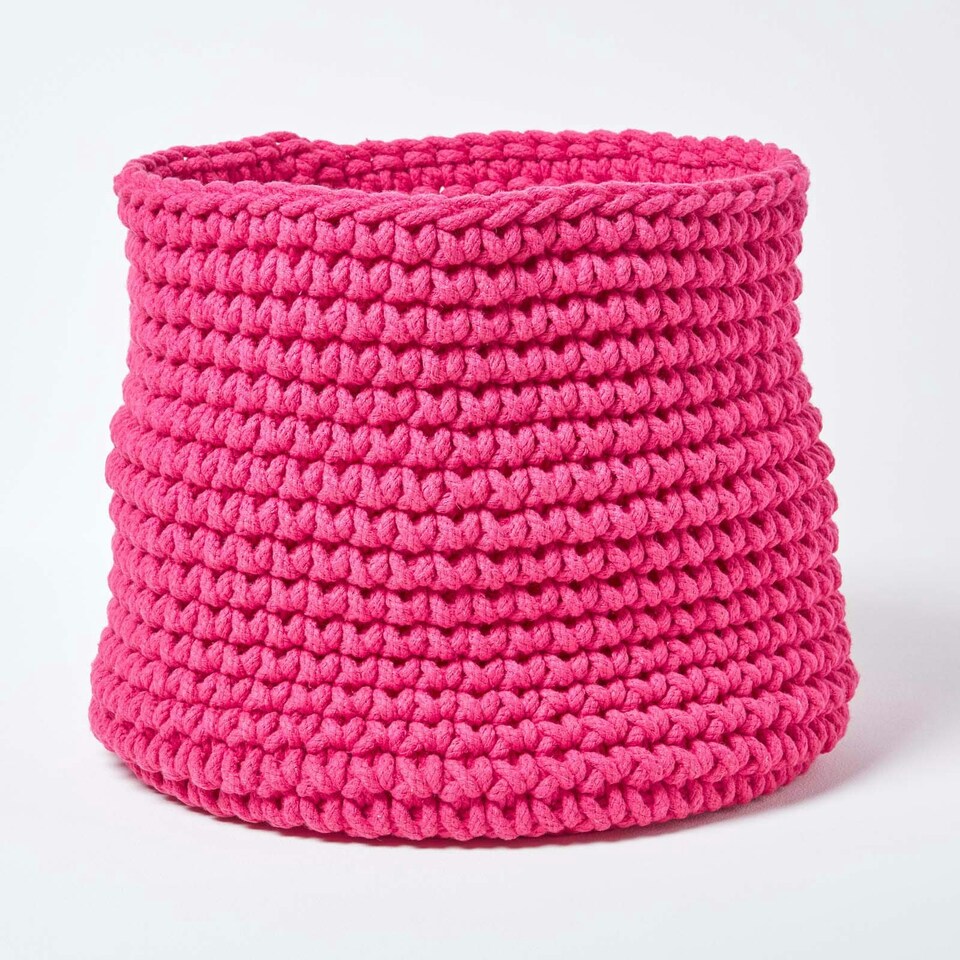 image 1 of Homescapes Hot Pink Cotton Knitted Round Storage Basket - 42 x 37 cm Pink | L