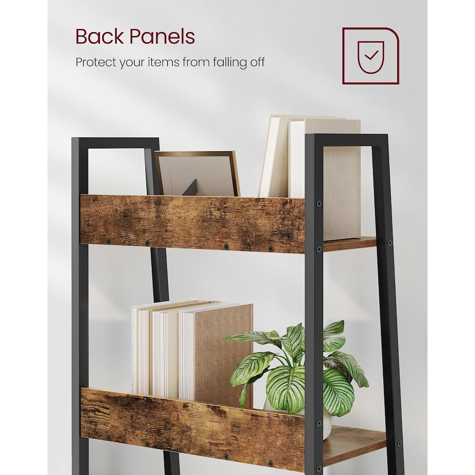 image 1 of 5-Tier Vertical Ladder Shelf Bookcase, Compact Industrial Storage Rack, Rustic Brown and Ink Black