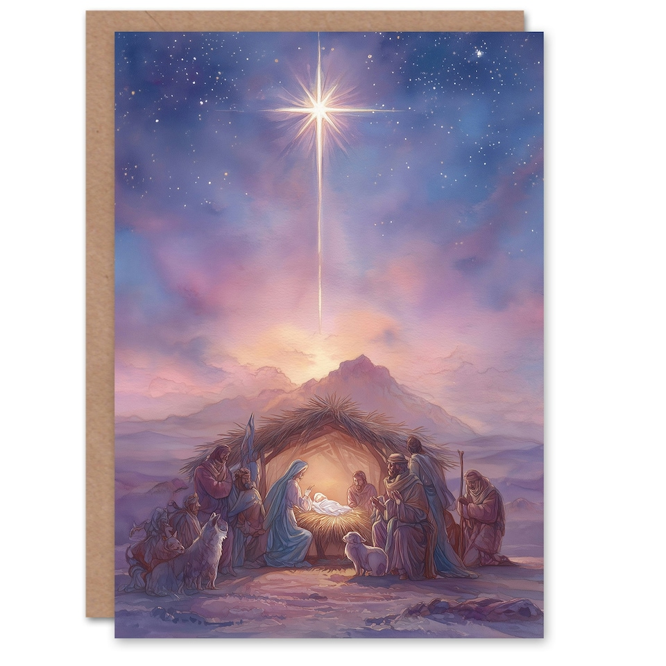 image 1 of Christmas Card Watercolour Nativity Scene with Star of Bethlehem
