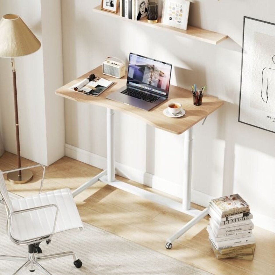 image 1 of COSTWAY Adjustable Height C-Shaped Mobile Standing Desk Natural N/A
