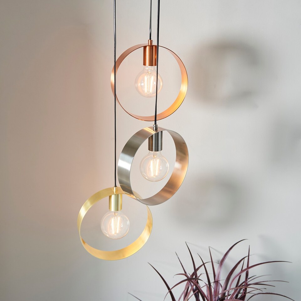 image 1 of Hoop 3 Light Cluster Ceiling Pendant Brushed Brass & Brushed Nickel, E27