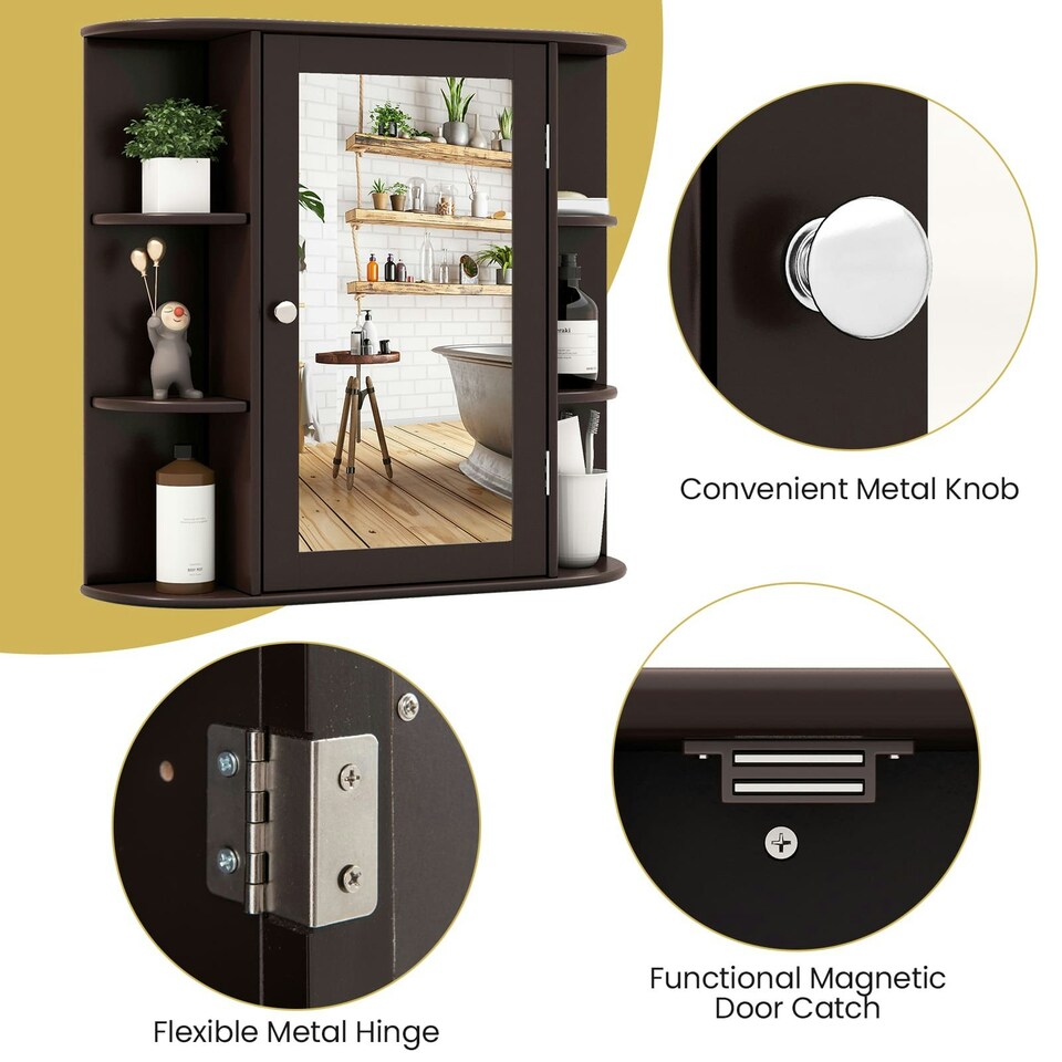 image 1 of COSTWAY Mirrored Bathroom Cabinet Wall Mount Storage Brown Brown