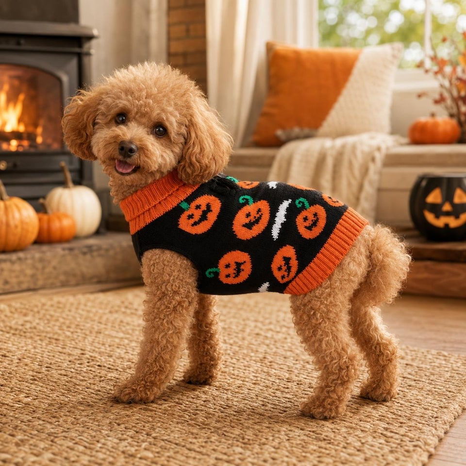 image 1 of Small Halloween Pet Dog Jumper Black Orange Pumpkin Knitted Sweater 30cm