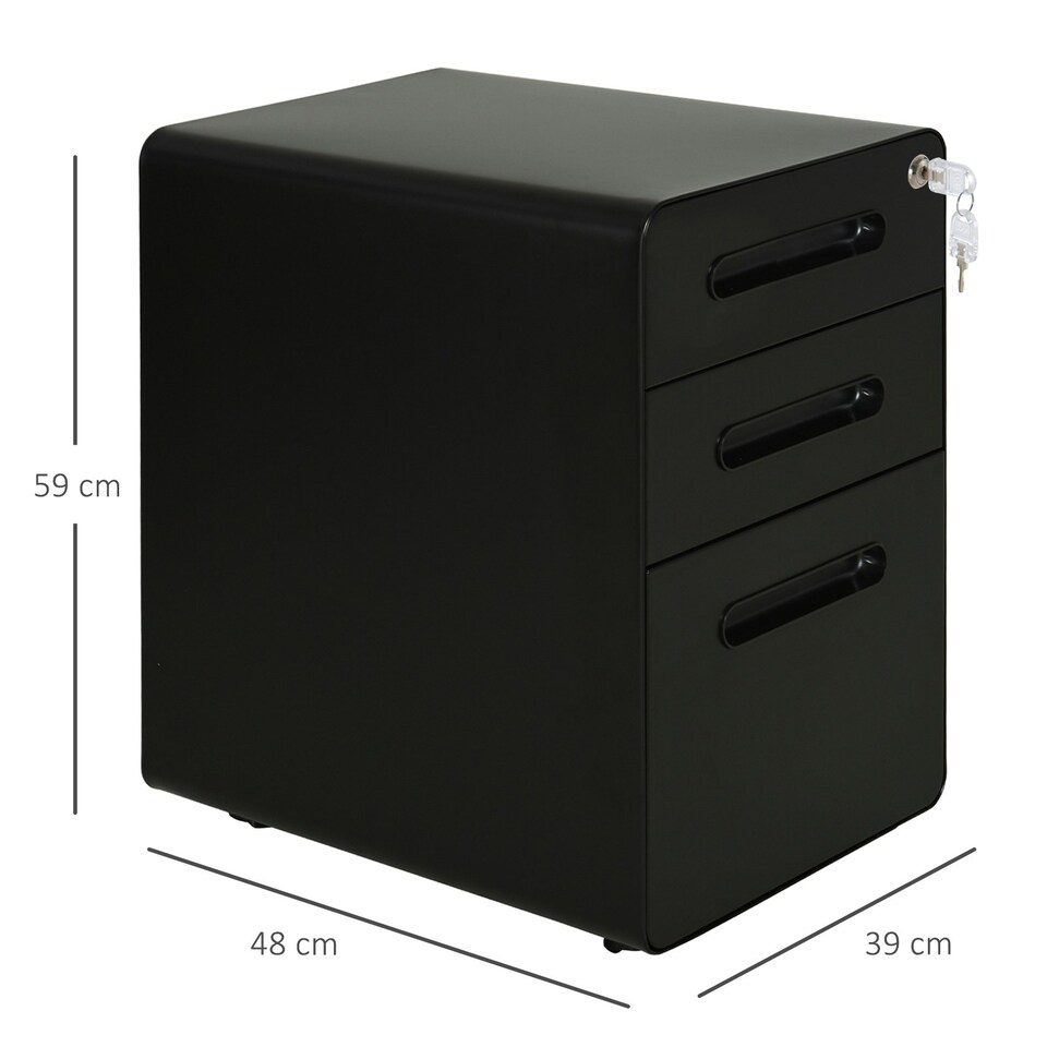image 1 of Vinsetto 3 Drawer Modern Steel Filing Cabinet w/ 4 Wheels Lock Pencil Box Black