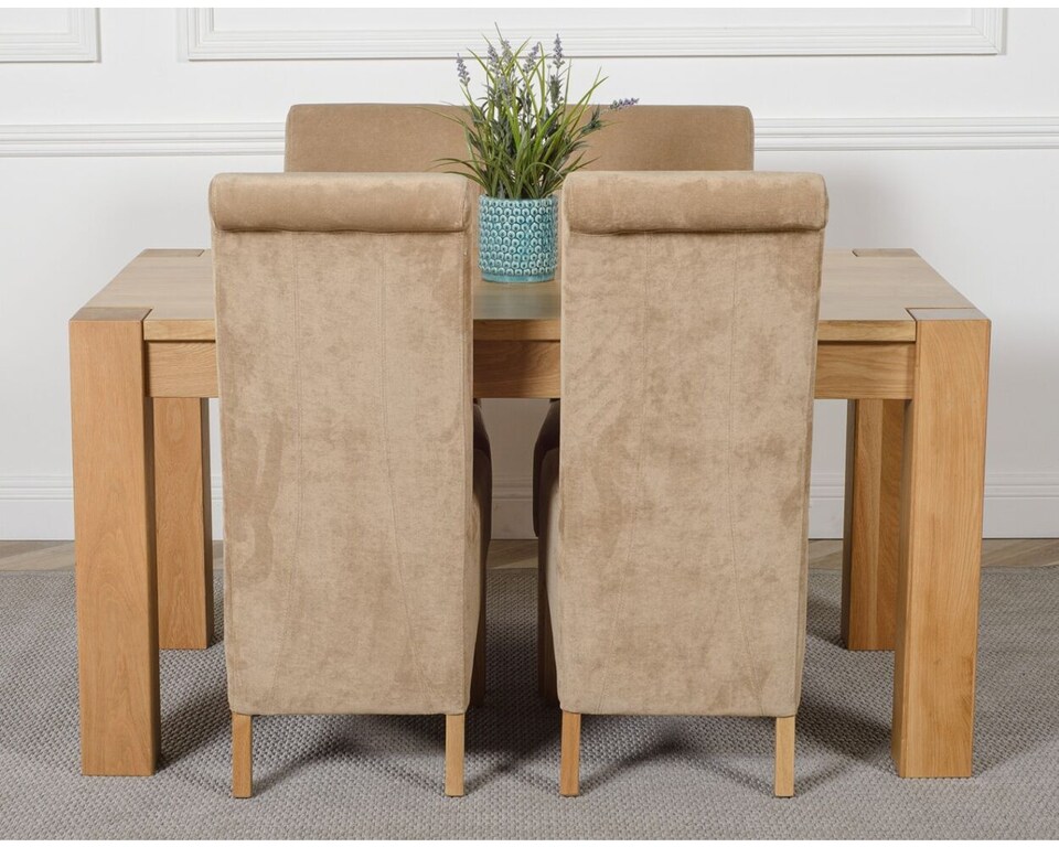 image 1 of Kuba 150 x 85 cm Chunky Medium Oak Dining Table and 4 Montana Fabric Chairs | Brown | Beige
