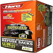Hero Ultra Strong Black Drawstring Bin Bags 75–85L – 15 Extra Thick Tear-Resistant Refuse Sacks | Recycled Plastic Bin Liners for Home, Office & Commercial Use | Black | 30