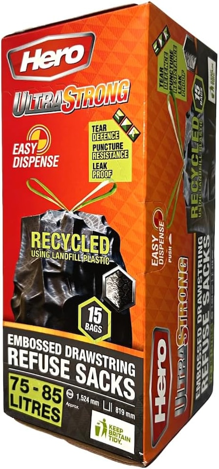 image 1 of Hero Ultra Strong Black Drawstring Bin Bags 75–85L – 15 Extra Thick Tear-Resistant Refuse Sacks | Recycled Plastic Bin Liners for Home, Office & Commercial Use | Black | 30