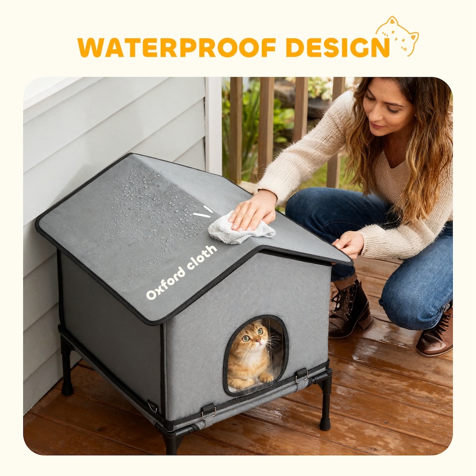 image 1 of PawHut Outdoor Cat House, Feral Cat Shelter with Elevated Base, Grey | Grey