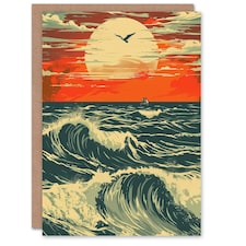 Ocean Waves At Sunset Seascape Bird Him Her Birthday Card