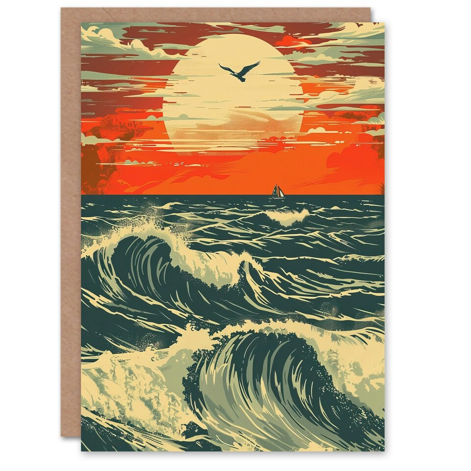 image 1 of Ocean Waves At Sunset Seascape Bird Him Her Birthday Card