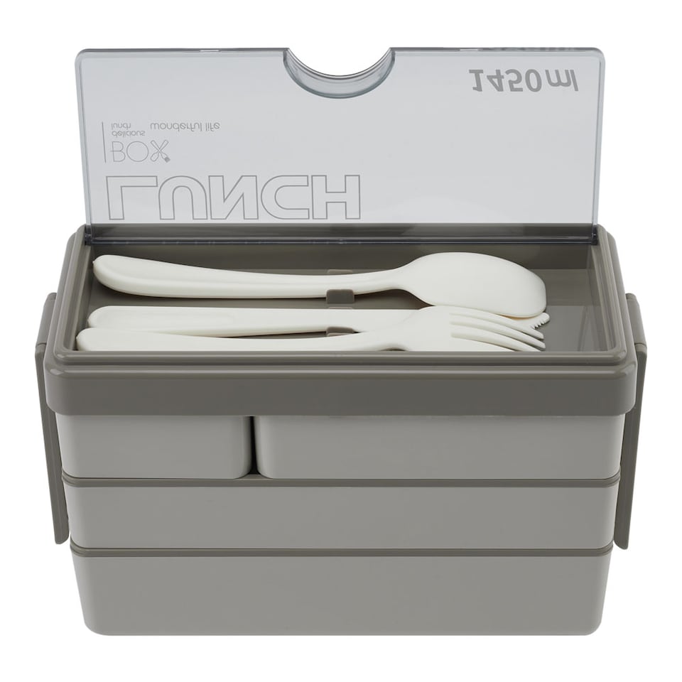 image 1 of Living and Home 3-Layer Bento-Style Plastic Lunch Box with Cutlery,Grey | Grey