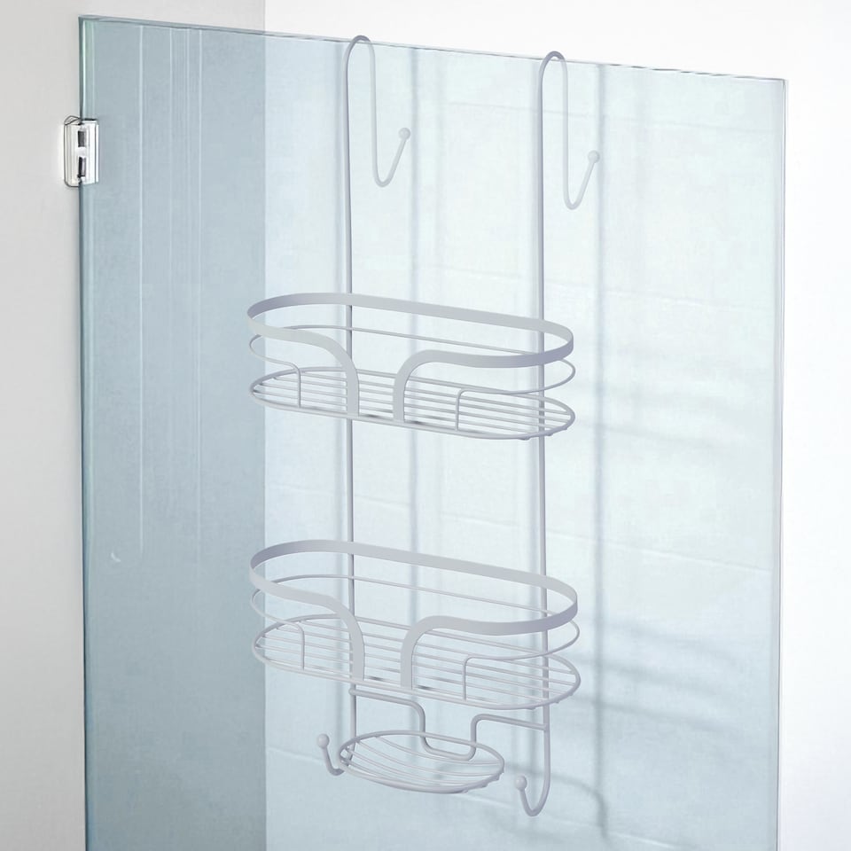 image 1 of Showerdrape Dante White Freestanding Floor Caddy and 2 Tier Over Door Hook Shower Caddy | White | White | 1