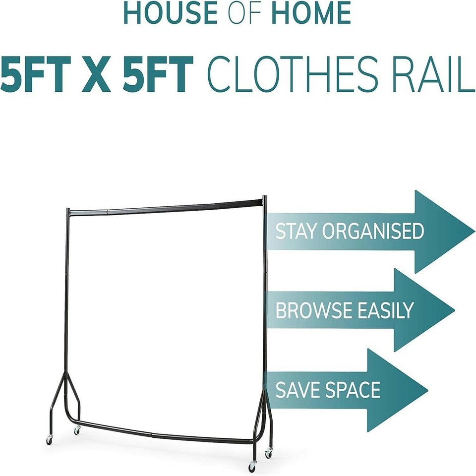 image 1 of Clothes Rail Superior Heavy Duty Metal With Wheels Rack 5FT Long x 5FT Tall Black | One Size