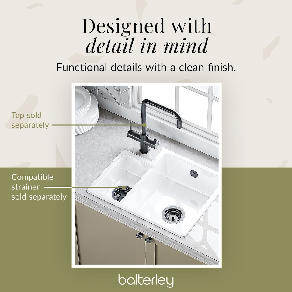 image 1 of Balterley Fireclay 1.5 Bowl Right Hand Undermount Kitchen Sink & Overflow | White | White | 1