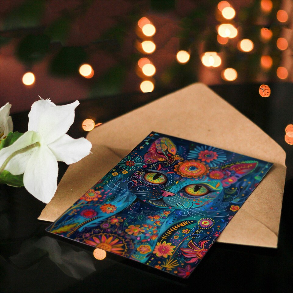 image 1 of Cat Lover Floral Folk Spirit Guide Woman Her Birthday Card