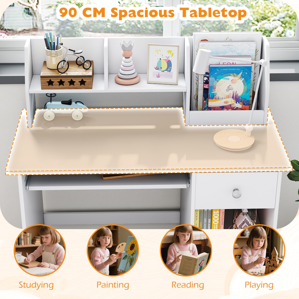 image 1 of COSTWAY Kids Study Desk Wooden Writing Table with Keyboard Tray & Drawer-Grey