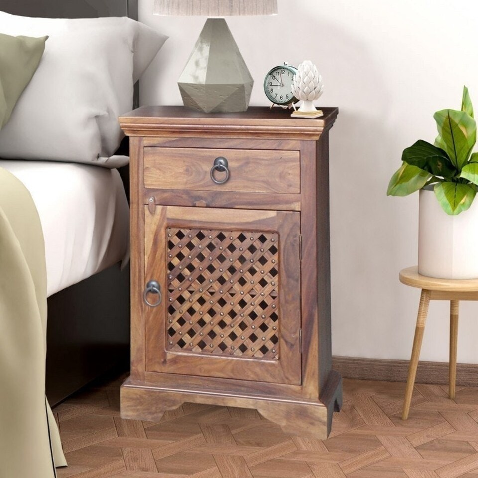 image 1 of Ganga Latic Jali Bedside with Left Side Door - Sheesham Wood - L31 x W45 x H65 cm - Honey Dark Finish