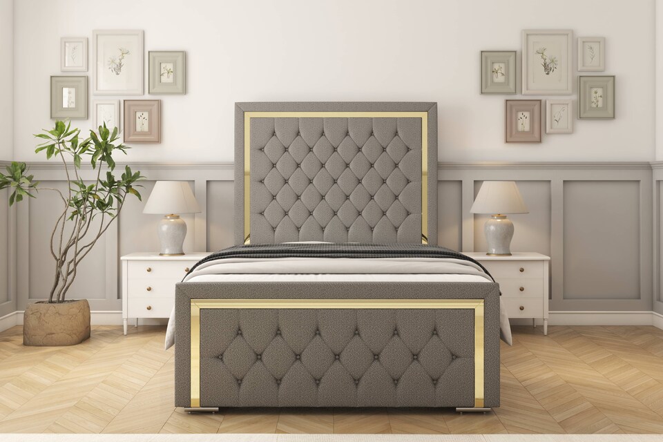 image 1 of Sloomy Sofia Gold Pewter Dumfries Bed Frame With 50" Upholstered Headboard 4'6 Double