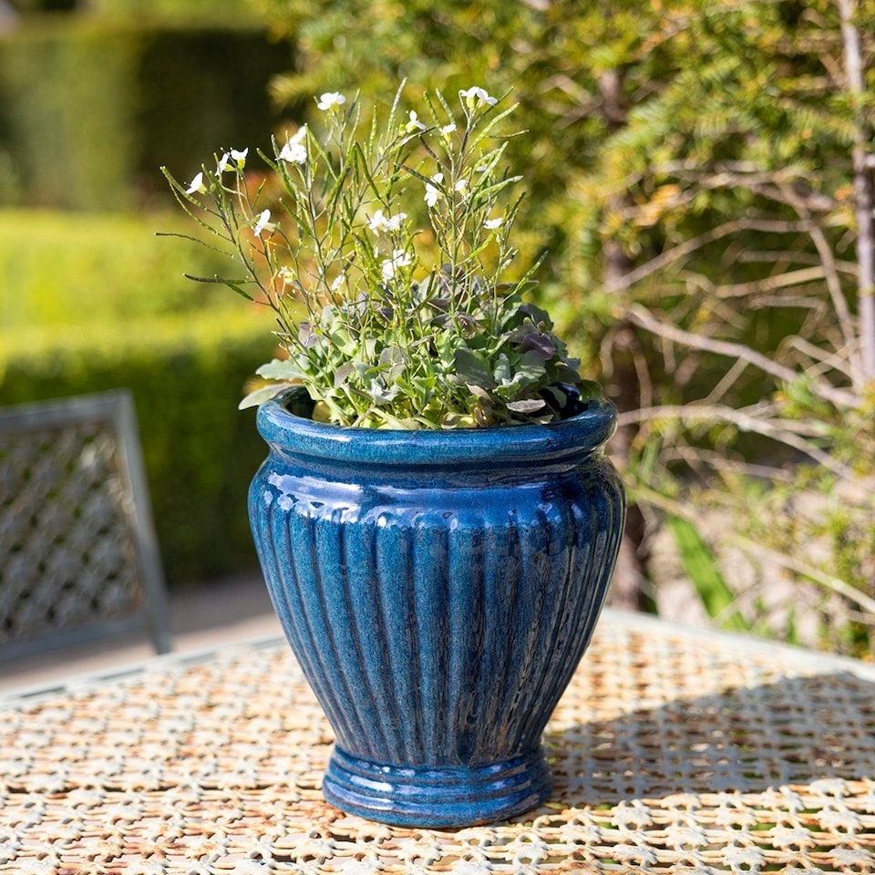image 1 of Primrose Rib Textured Glazed Terracotta Round Planter In Glossy Royal Blue 65cm
