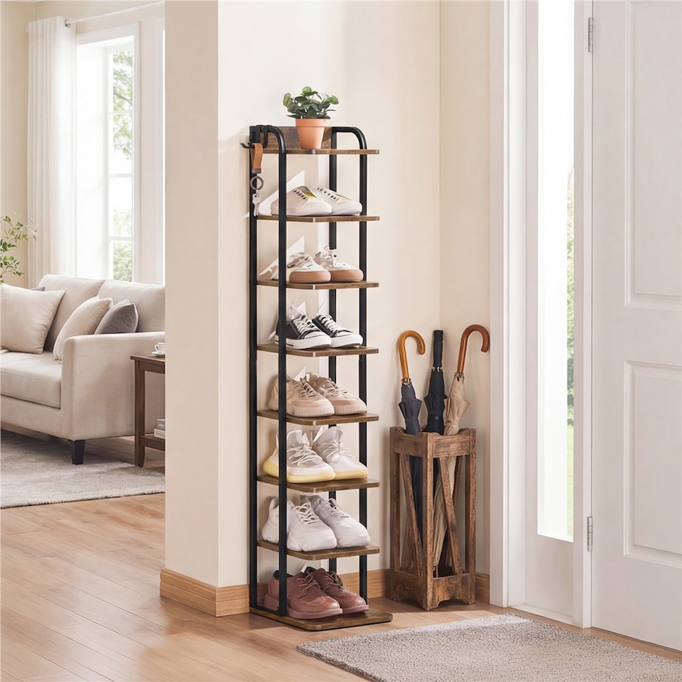 image 1 of Yaheetech 8-Layer Rustic Vintage Shoe Rack for Compact Spaces-Rustic Brown