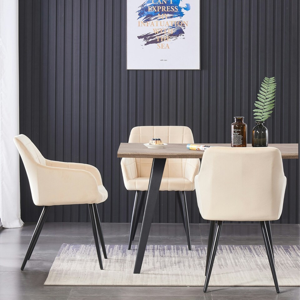 image 1 of Set of 2 Camden Modern Velvet Dining Chairs with Armrests, Quilted Design & Black Metal Legs Cream