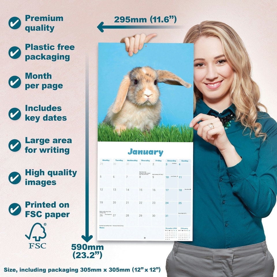 image 1 of Lop Eared Rabbits 2026 Calendar | Square Wall Calendar | Animal Gift | Plastic Free Packaging | by Avonside Publishing