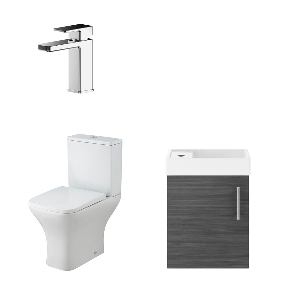 image 1 of Balterley Saint Cloakroom Set - Wall Hung Vanity Basin Unit, Toilet Pan, Cistern, Seat & Mini Basin Tap - Balterley | White | Grey Woodgrain | 520.0000 x 405.0000 x 222.0000mm