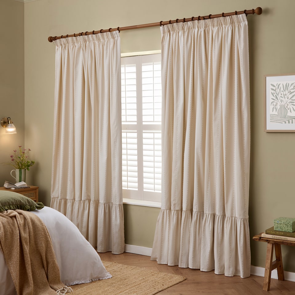 image 1 of Furn Birdie Stripe Fully Lined Ruffle Pencil Pleat Curtain Pair, Natural, (W) 168cm x (D) 183cm