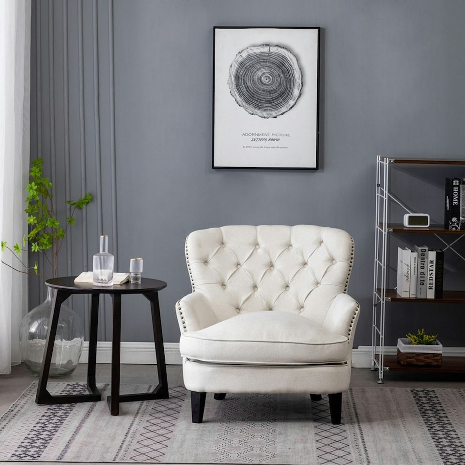 image 1 of Living and Home Classic Buttoned Back Linen Armchair - Off White