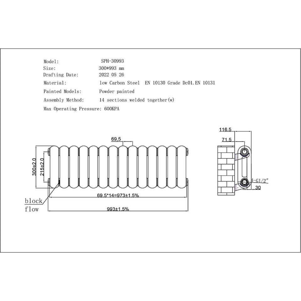 image 1 of Sherwood Double Column Round Top Heated Bathroom Radiator - White - (H) 300mm x (W) 993mm