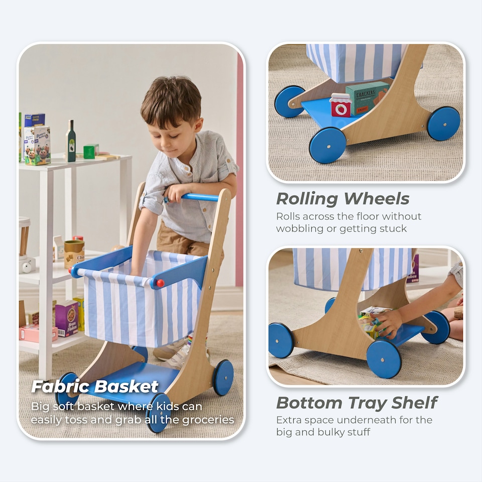 image 1 of Teamson Kids Little Helper Mr. Fresh Wooden Shopping Cart with 13 Play Food Items, Soft Wheels, Ergonomic Handle & Fabric Basket for Toddlers - Blue