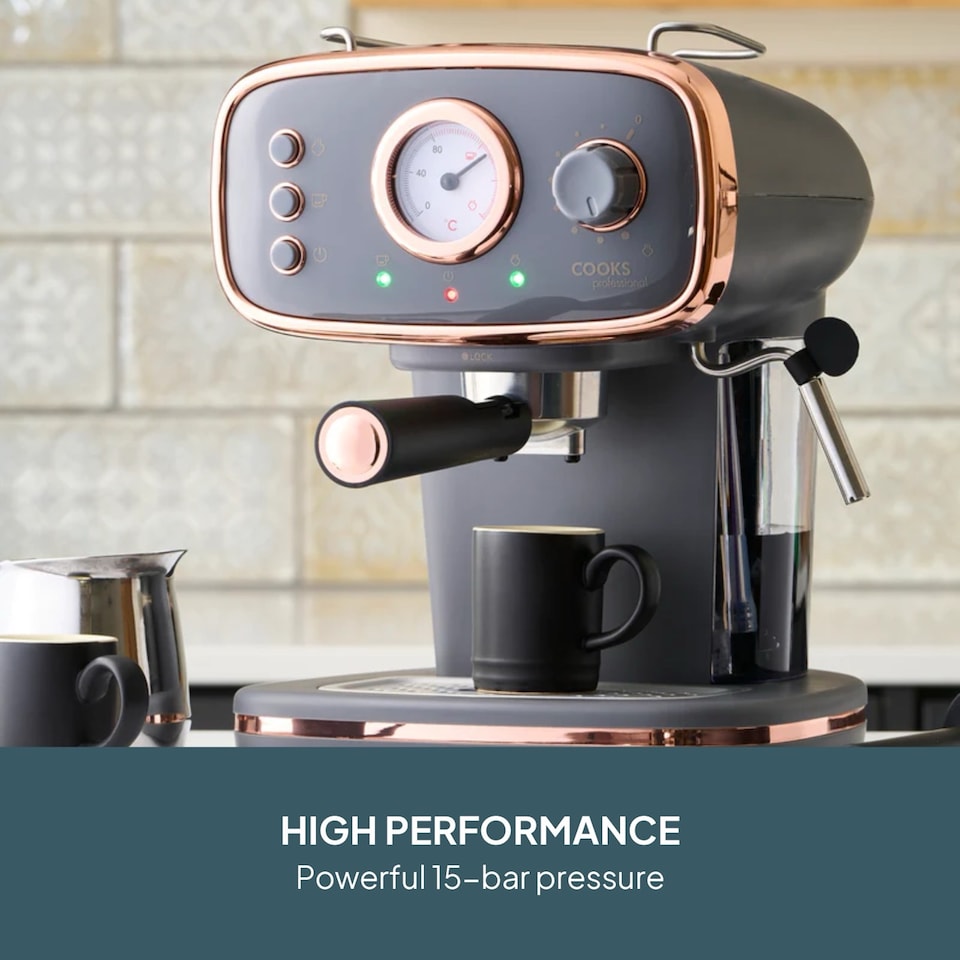 image 1 of Cooks Professional 15-Bar Retro Espresso Coffee Machine 1.2L with Frothing Steam Wand | Grey | Grey & Copper