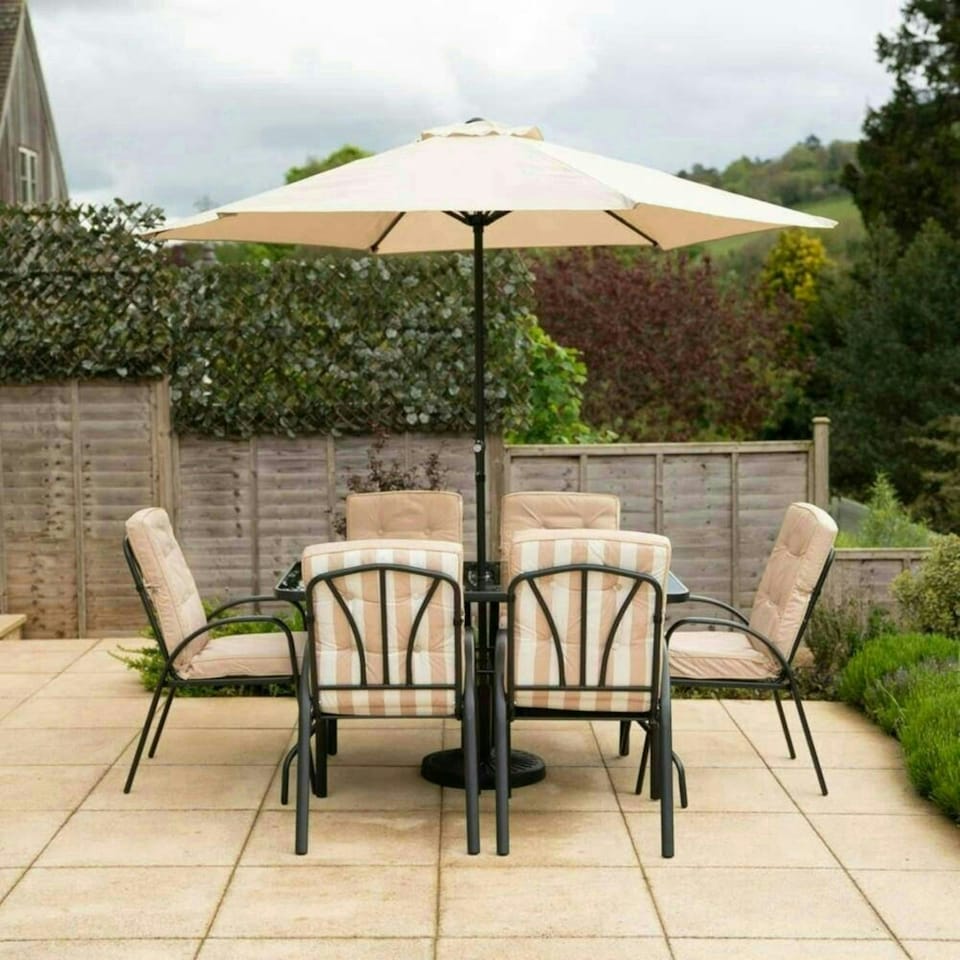 image 1 of Hectare 6 Seater Garden Furniture Glass Table Dining Set and Parasol Beige