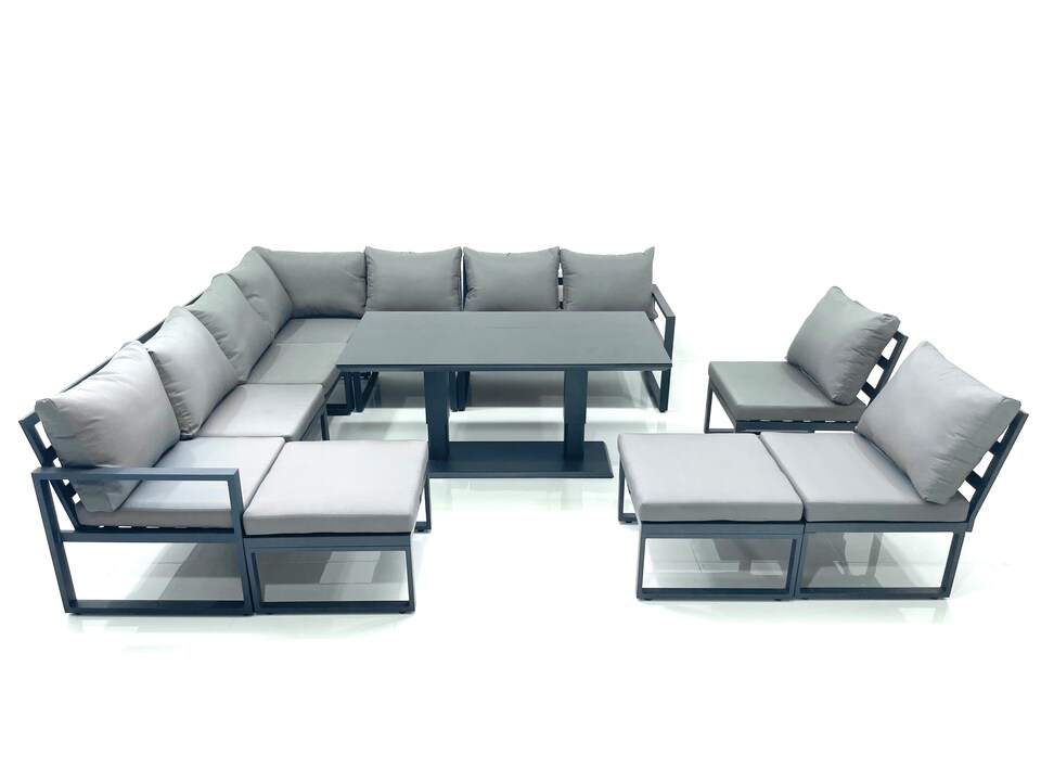 image 1 of Fimous 11 Seater Outdoor Aluminum Garden Furniture Set Corner Sofa 2 Big Footstools Rising Lifting Dining Table Sets Dark Grey