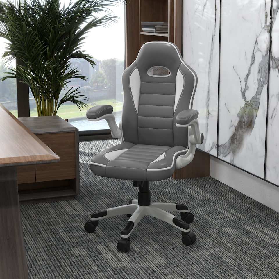 image 1 of Vinsetto Computer Gaming Chair, Office Desk Swivel Chair, PU Leather Racing Chair with 90 Flip-up Armrest, Adjustable Height and Rolling Wheels, Grey