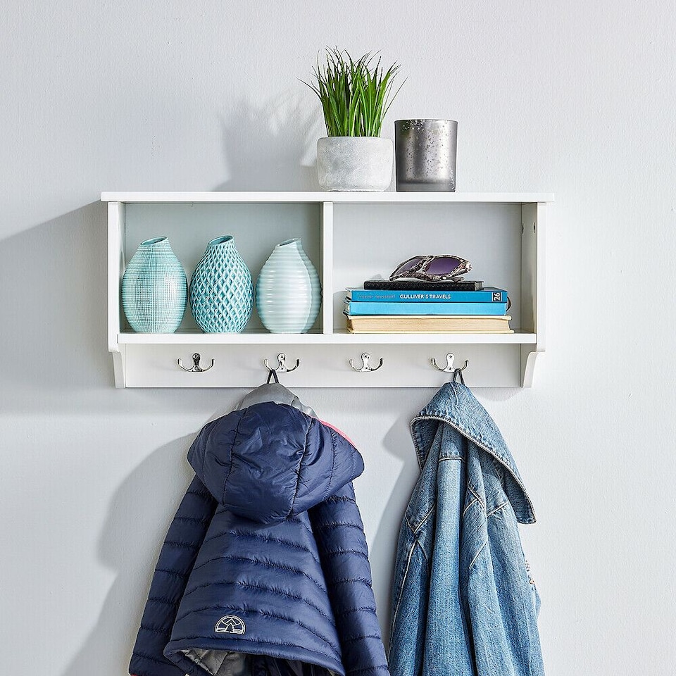 image 1 of Coat Hook Wall Mounted Unit 2 Open Shelves 4 Robe Hooks Bathroom Hallway | White