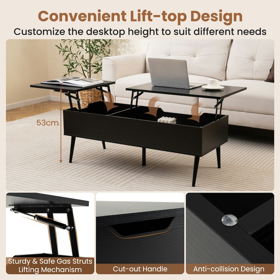image 1 of COSTWAY Lift Top Coffee Table w/Storage Compartments Black Black