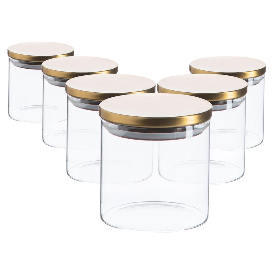 image 1 of Argon Tableware Glass Storage Jars - Gold Lid - 550ml - Modern Round Scandi Organisation Container Glass Jar - Set of 6