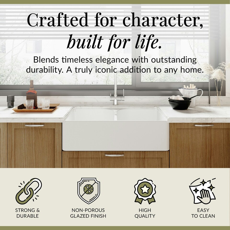 image 1 of 795mm - Double Bowl Fireclay Butler Kitchen Sink - Stepped Weir & Wastes