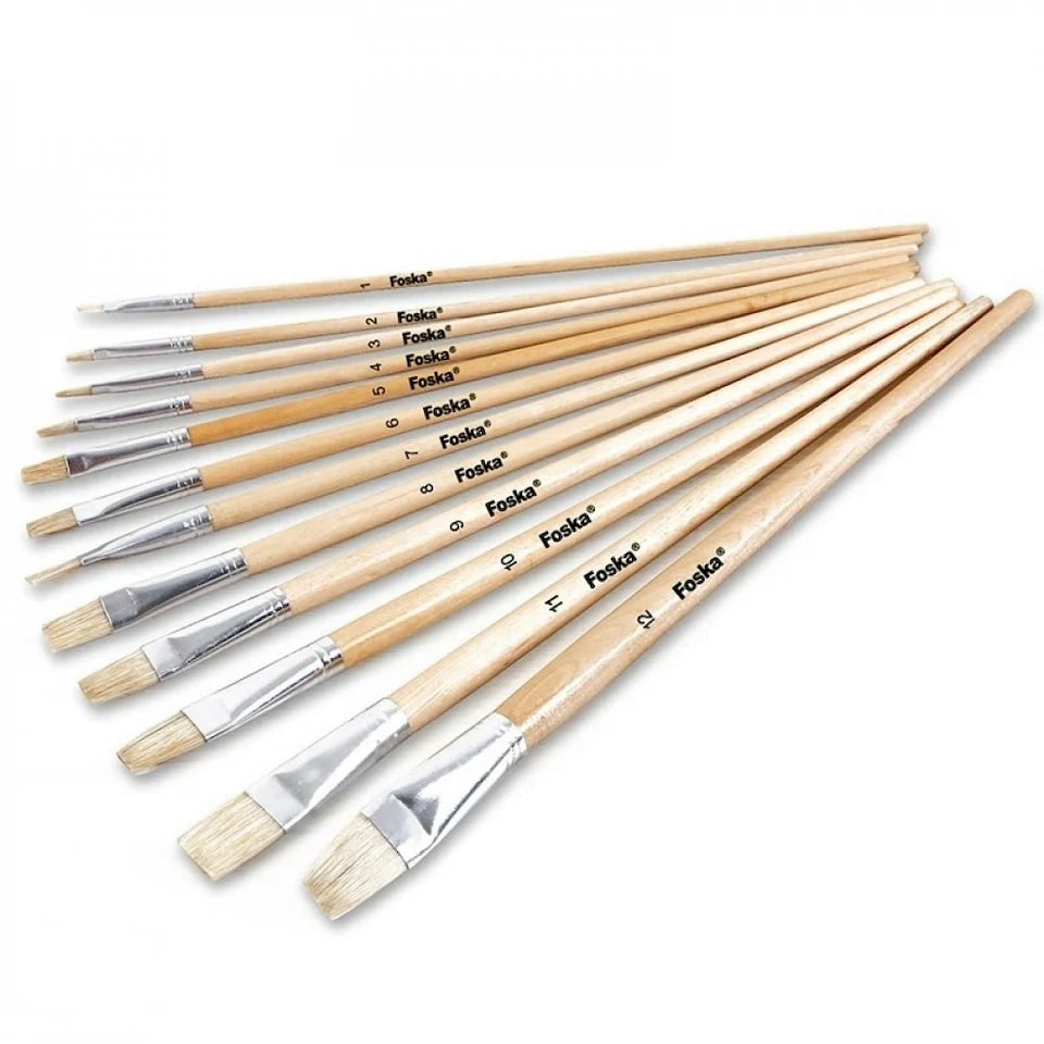 image 1 of Pack of 12 Assorted Size Wooden Handle Bristle Hair Artist Paint Brush Set